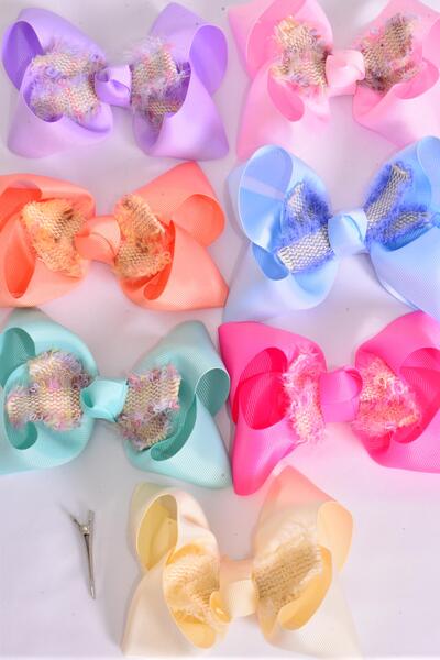 Hair Bow Jumbo Double Layered Tweed Accent Grosgrain Bow-tie Pastel / 12 pcs Bow = Dozen Alligator Clip , Size - 6" x 5" Wide , 2 Beige , 2 Pink , 2 Lavender , 2 Hot Pink , 2 Blue , 1 Peach , 1 mint Green Asst , Clip Strip and UPC Code