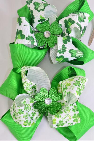 Hair Bow Jumbo Double Layered Shamrock Grosgrain Bow-tie / 12 pcs Bow = Dozen Alligator Clip , Size - 6" x 5" Wide , 6 of each Pattern Asst , Clip Strip and UPC Code