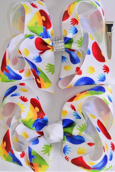 hair bow jumbo autism grosgrain bow-tie /  12 pcs Bow = Dozen Autism Awarenes , Alligator Clip , Size - 6" x 5" Wide , 6 Of each Pattern Asst , Clip Strip and UPC Code
