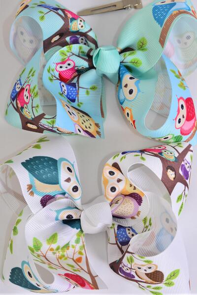 Hair Bow Jumbo Owl Pattern Mix Grosgrain Bow-tie / 12 pcs Bow = Dozen Owl , Alligator Clip , Size - 6" x 5" Wide , 6 Of Each Color Asst , Clip Strip & UPC Code