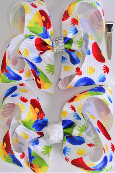 hair bow jumbo autism grosgrain bow-tie /  12 pcs Bow = Dozen Autism Awarenes , Alligator Clip , Size - 6" x 5" Wide , 6 Of each Pattern Asst , Clip Strip and UPC Code