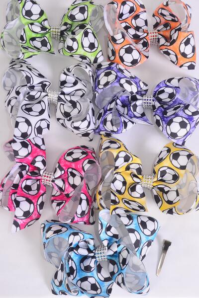 Hair Bow Jumbo Soccer Tiedye Multi Grosgrain Bow-tie / 12 pcs = Dozen Alligator Clip , Size - 6" x 5" Wide , 2 Fuchsia , 2 Blue , 2 White , 2 Purple , 2 Yellow , 1 Orange , 1 Lime Color Asst , Clip Strip & UPC Code