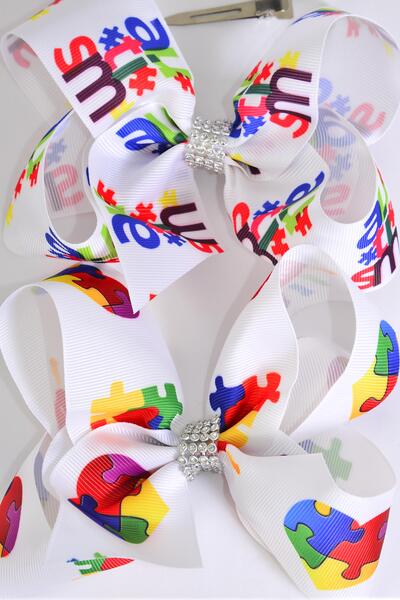 Hair Bow Jumbo Autism Grosgrain Bow-tie /  12 pcs Bow = Dozen Autism , Alligator Clip , Size - 6" x 5" Wide , 6 Of each Pattern Asst , Clip Strip and UPC Code