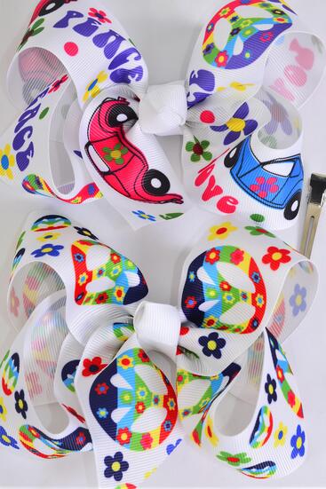 Hair Bow Jumbo Flower Power Peace Sign Beetle Mix Grosgrain Bow-tie / 12 pcs Bow = Dozen  Alligator Clip, Size - 6" x 5" Wide , 6 Of each Pattern Asst , Clip Strip & UPC Code