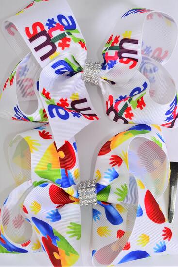 Hair Bow Jumbo Autism Grosgrain Bow-tie / 12 pcs Bow = Dozen  Alligator Clip , Size - 6" x 5" Wide , 6 Of each Pattern Asst , Clip Strip and UPC Code