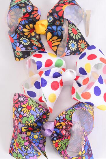 Hair Bow Jumbo Abstract Flower Power Peace Sign Polka dots Grosgrain Bow-tie / 12 pcs Bow = Dozen Alligator Clip , Size - 6" x 5" Wide , 4 of each Pattern Asst , Clip Strip & UPC Code