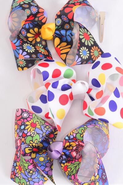 Hair Bow Jumbo Abstract Flower Power Peace Sign Polka dots Grosgrain Bow-tie / 12 pcs Bow = Dozen Alligator Clip , Size - 6" x 5" Wide , 4 of each Pattern Asst , Clip Strip & UPC Code