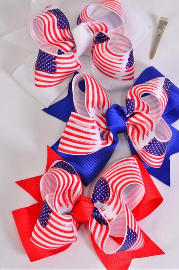 Hair Bow Jumbo Double Layered Patriotic-Flag Grosgrain Bow-tie / 12 pcs Bow = Dozen Alligator Clip , Bow - 6" x 5" Wide , 4 Red , 4 White , 4 Royal Blue Color Asst , Clip Strip & UPC Code