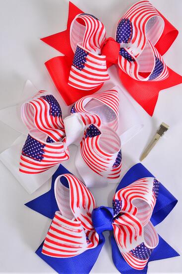 Hair Bow Jumbo Double Layered Patriotic-Flag Grosgrain Bow-tie / 12 pcs Bow = Dozen Alligator Clip , Bow - 6" x 5" Wide , 4 Red , 4 White , 4 Royal Blue Color Asst , Clip Strip & UPC Code