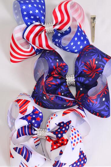 Hair Bow Jumbo Patriotic Stars Stripes Firework Mix Grosgrain Bow-tie / 12 pcs Bow = Dozen Alligator Clip , Bow - 6" x 5" Wide , 4 Of Each Pattern Asst , Clip Strip & UPC Code