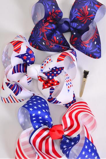 Hair Bow Jumbo Patriotic Stars Stripes Firework Mix Grosgrain Bow-tie / 12 pcs Bow = Dozen Alligator Clip , Bow - 6" x 5" Wide , 4 Of Each Pattern Asst , Clip Strip & UPC Code