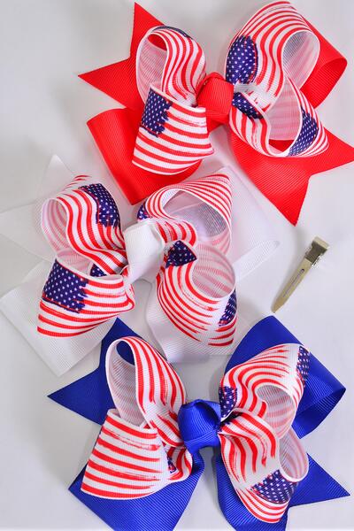 Hair Bow Jumbo Double Layered Patriotic-Flag Grosgrain Bow-tie / 12 pcs Bow = Dozen Alligator Clip , Bow - 6" x 5" Wide , 4 Red , 4 White , 4 Royal Blue Color Asst , Clip Strip & UPC Code