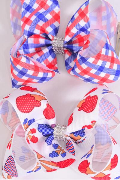 Hair Bow Jumbo Patriotic Plaid Treat ice Cream Popcicle Pattern Mix Grosgrain Bow-tie / 12 pcs BTreats ow = Dozen Alligator Clip , Bow - 6" x 5" Wide , 6 Of Each Pattern Asst , Clip Strip and UPC Code