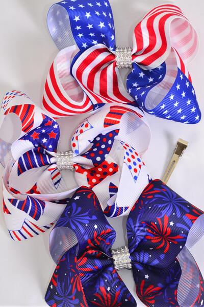 Hair Bow Jumbo Patriotic Stars Stripes Firework Mix Grosgrain Bow-tie / 12 pcs Bow = Dozen Alligator Clip , Bow - 6" x 5" Wide , 4 Of Each Pattern Asst , Clip Strip & UPC Code