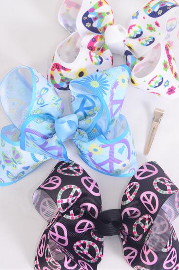 Hair Bow Jumbo Butterfly Flower Power Peace Sign Pattern Mix Grosgrain Bow-tie / 12 pcs = Dozen Alligator Clip , Size - 6" x 5" Wide , 4 of each Pattern Asst , Clip Strip & UPC Code