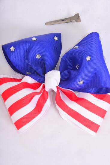 Hair Bow Jumbo Patriotic Studded Stripe Stars Mix Grosgrain Bow-tie / 12 pcs Bow = Dozen Alligator Clip , Bow - 6" x 5" Wide , Clip Strip & UPC Code