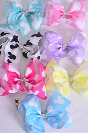 Hair Bow Jumbo Mouse Ear Pastel Grosgrain Bow-tie / 12 pcs Bow = Dozen Alligator Clip , Size - 6" x 5" , 2 White , 2 Baby Pink , 2 Lavender , 2 Hot Pink , 2 Mint , 1 Blue , 1 Yellow Color Asst , Clip Strip & UPC Code