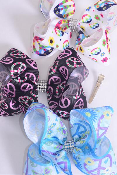 Hair Bow Jumbo Flower Power Peace Sign Butterfly Mix Grosgrain Bow-tie / 12 pcs = Dozen Alligator Clip , Size - 6" x 5" Wide , 4 of each Pattern Asst , Clip Strip & UPC Code