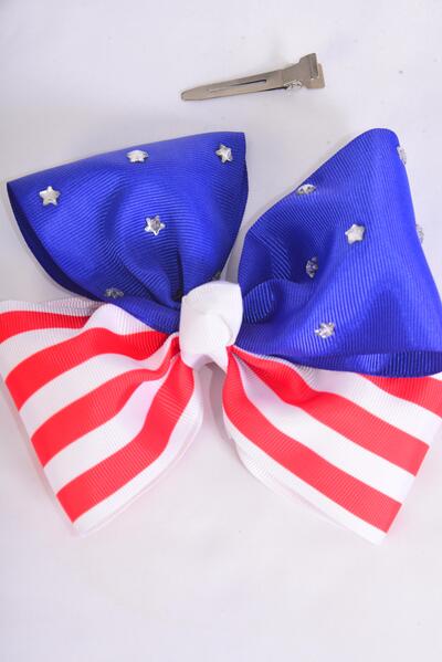 Hair Bow Jumbo Patriotic Studded Stripe Stars Mix Grosgrain Bow-tie / 12 pcs Bow = Dozen Alligator Clip , Bow - 6" x 5" Wide , Clip Strip & UPC Code
