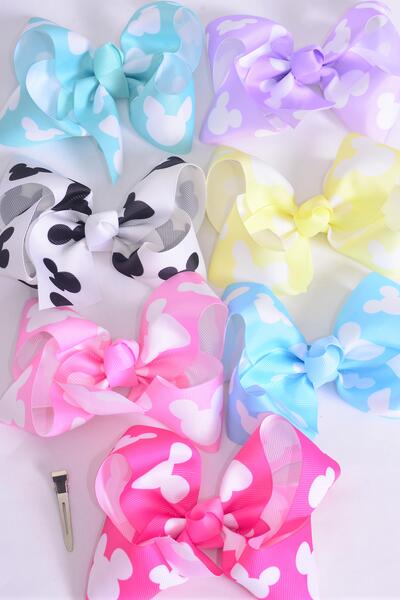 Hair Bow Jumbo Mouse Ear Pastel Grosgrain Bow-tie / 12 pcs Bow = Dozen Alligator Clip , Size - 6" x 5" , 2 White , 2 Baby Pink , 2 Lavender , 2 Hot Pink , 2 Mint Green ,1 Blue, 1 Yellow Color Asst , Clip Strip & UPC Code