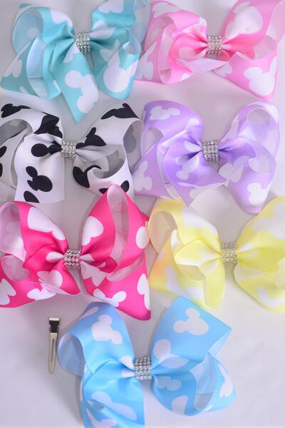 Hair Bow Jumbo Mouse Ear Pastel Grosgrain Bow-tie / 12 pcs Bow = Dozen Alligator Clip , Size - 6" x 5" , 2 White , 2 Baby Pink , 2 Lavender , 2 Hot Pink , 2 Mint , 1 Blue , 1 Yellow Color Asst , Clip Strip & UPC Code