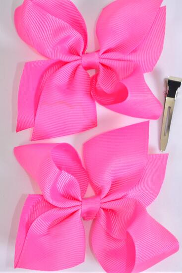 Hair Bow Hot Pink Grosgrain Bow-tie / 12 pcs Bow = Dozen Hot Pink , Alligator Clip , Size - 3.5" x 3" Wide , Clip Strip & UPC Code