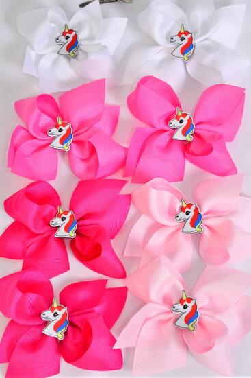 Hair Bow 24 pcs Center Unicorn Charm Pink Mix Grosgrain Bow-tie / 24 pcs Bow = Dozen  Alligator Clip , Size - 3.5" x 3" Wide , 3 White , 3 Baby Pink , 3 Hot Pink , 3 Fuchsia Color Asst , Clip Strip & UPC Code