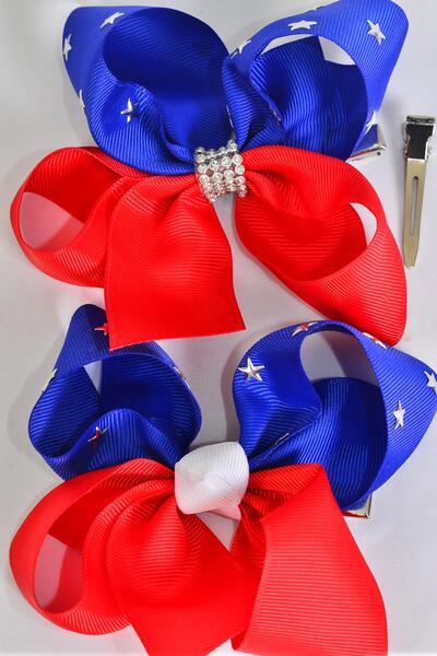 Hair Bow Jumbo Star Studded Patriotic Stars Grosgrain Bow-tie / 12 pcs Bow = Dozen Alligator Clip , Bow - 6" x 6" Wide , Clip Strip & UPC Code