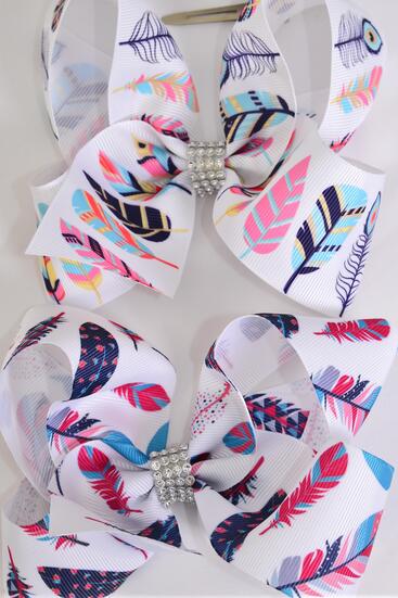 Hair Bow Jumbo Feather Pattern Mix Grosgrain Bow-tie / 12 pcs bow = Dozen Alligator Clip , Size - 6" x 5" Wide , 6 Of Each Pattern Asst , Clip Strip and UPC Code