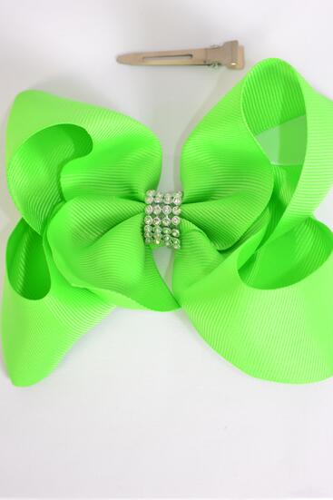 Hair Bow Jumbo Center Clear Stones Grosgrain Bow-tie Apple Green / 12 pcs Bow = Dozen Apple Green , Alligator Clip , Size - 6" x 5" Wide , Clip Strip & UPC Code