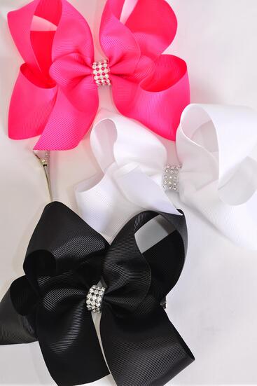 Hair Bow Jumbo Center Clear Stones Black White Fuchsia Mix Grosgrain Bow-tie / 12 pcs Bow = Dozen Alligator Clip , Bow - 6" x 5", 4 of each Color Asst , Clip Strip & UPC Code