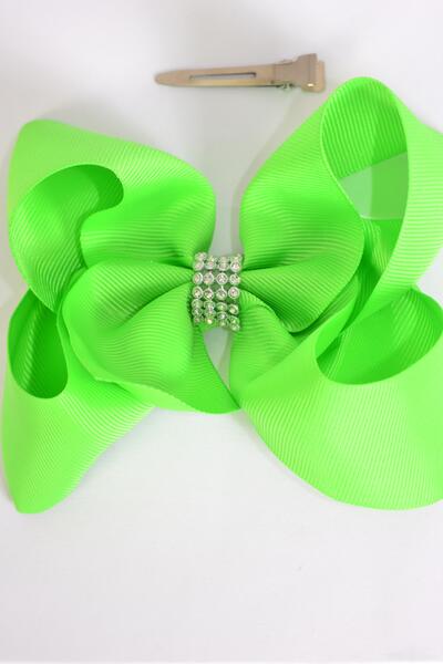 Hair Bow Jumbo Center Clear Stones Grosgrain Bow-tie Apple Green / 12 pcs Bow = Dozen Apple Green , Alligator Clip , Size - 6" x 5" Wide , Clip Strip & UPC Code