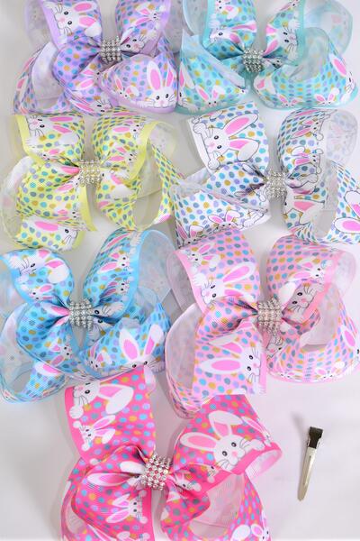Hair Bow Jumbo Cute Bunny Face Pastel Grosgrain Bow-tie / 12 pcs Bow = Dozen  Alligator Clip , Size - 6" x 5" ,  2 Hot Pink , 2 White , 2 Baby Pink , 2 Lavender , 2 Yellow , 1 Blue , 1 Mint Color Asst , Clip Strip & UPC Code
