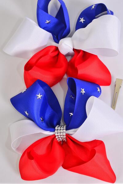Hair Bow Jumbo Patriotic Silver Star Studded Grosgrain Bow-tie / 12 pcs Bow = Dozen Alligator Clip , Bow - 6" x 6" Wide , Clip Strip & UPC Code