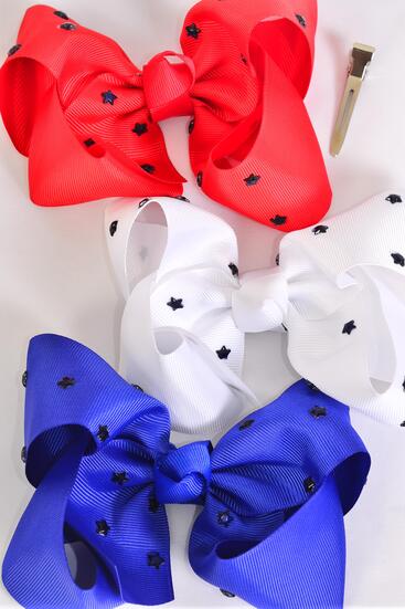 Hair Bow Jumbo Patriotic Studded Blue Stars Grosgrain Bow-tie / 12 pcs Bow = Dozen Alligator Clip , Size - 6" x 5" Wide , 4 of each Pattern Asst , Clip Strip & UPC Code