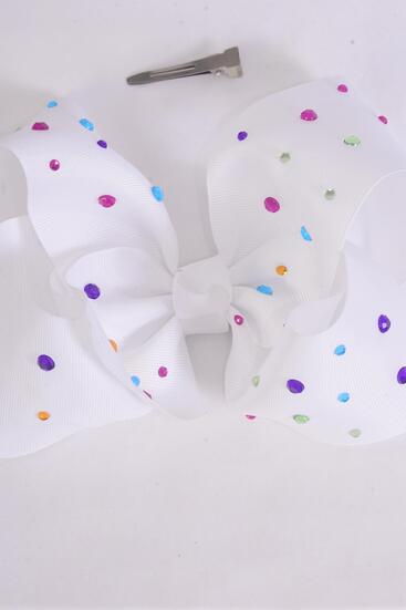 Hair Bow Jumbo Studded Color Stones Grosgrain Bow-tie White / 12 pcs Bow = Dozen White , Alligator Clip , Size - 6" x 5" Wide , Clip Strip & UPC Code