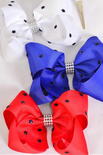 Hair Bow Jumbo Blue Star Studded Patriotic Grosgrain Bow-tie / 12 pcs Bow = Dozen Alligator Clip , Size - 6" x 5" Wide , 4 of each Pattern Asst , Clip Strip & UPC Code