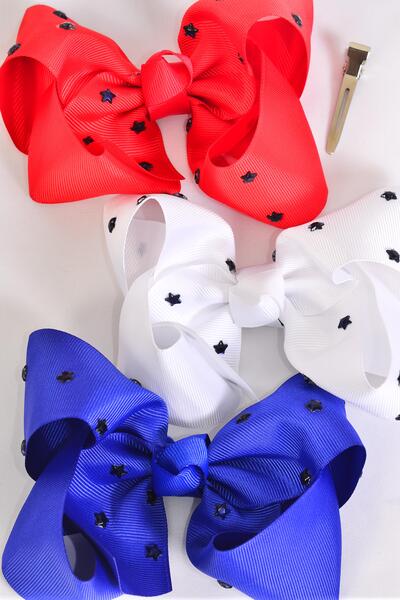 Hair Bow Jumbo Patriotic Studded Blue Stars Grosgrain Bow-tie / 12 pcs Bow = Dozen Alligator Clip , Size - 6" x 5" Wide , 4 of each Pattern Asst , Clip Strip & UPC Code
