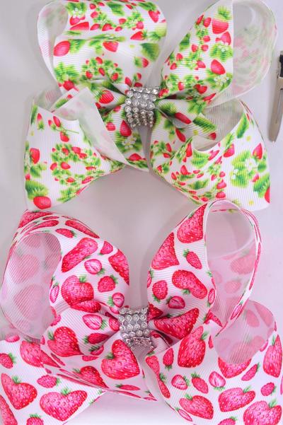 Hair Bow Jumbo Strawberry Grosgrain Bow-tie / 12 pcs Bow = Dozen Alligator Clip , Size - 6" x 5" Wide , 6 of each Pattern , Clip Strip & UPC Code