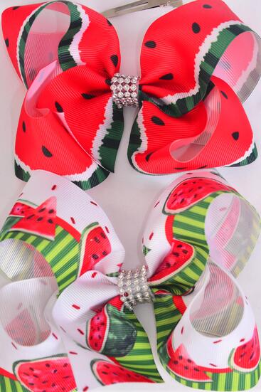 Hair Bow Jumbo Watermelon Grosgrain Bow-tie / 12 pcs Bow = Dozen Alligator Clip , Size - 6" x 5" Wide , 6 of each Pattern Asst , Clip Strip and UPC Code