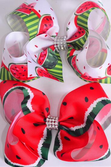 Hair Bow Jumbo Watermelon Grosgrain Bow-tie / 12 pcs Bow = Dozen Alligator Clip , Size - 6" x 5" Wide , 6 of each Pattern Asst , Clip Strip and UPC Code
