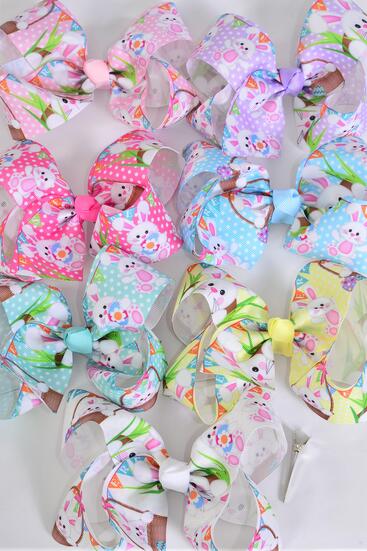 Hair Bow Jumbo Cute Bunny Face Pastel Grosgrain Bow-tie / 12 pcs Bow = Dozen  Alligator Clip , Size - 6" x 5",  2 White , 2 Baby Pink , 2 Lavender , 2 Blue , 2 Yellow , 1 Peach , 1 Mint Green Color Asst , Clip Strip & UPC Code