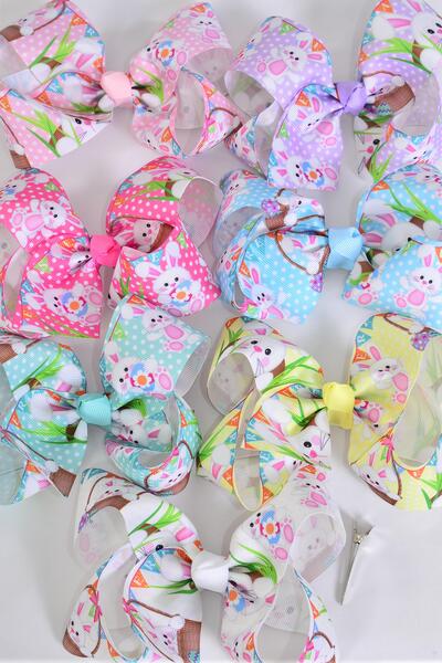 Hair Bow Jumbo Cute Bunny Face Pastel Grosgrain Bow-tie / 12 pcs Bow = Dozen  Alligator Clip , Size - 6" x 5",  2 White , 2 Baby Pink , 2 Lavender , 2 Blue , 2 Yellow , 1 Peach , 1 Mint Green Color Asst , Clip Strip & UPC Code