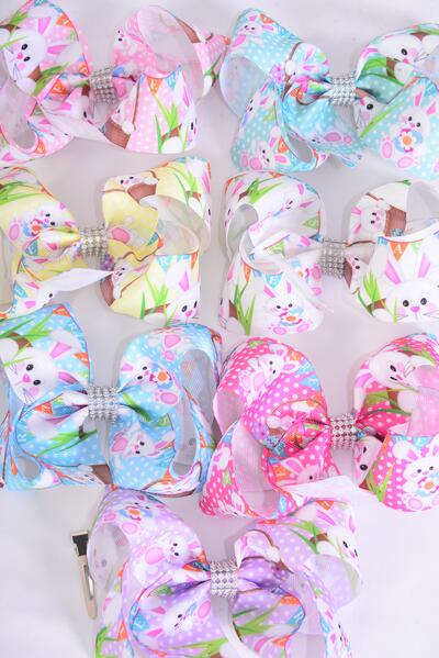Hair Bow Jumbo Cute Bunny Pastel Grosgrain Bow-tie / 12 pcs Bow = Dozen  Alligator Clip , Size - 6" x 5", 2 White , 2 Baby Pink , 2 Lavender , 2 Blue , 2 Yellow , 1 Peach , 1 Mint Color Asst , Clip Strip & UPC Code