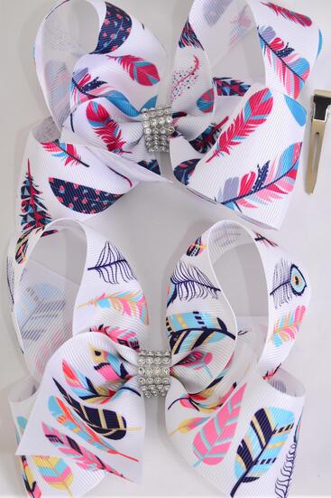 Hair Bow Jumbo Feather Pattern Mix Grosgrain Bow-tie / 12 pcs bow = Dozen Alligator Clip , Size - 6" x 5" Wide , 6 Of Each Pattern Asst , Clip Strip and UPC Code