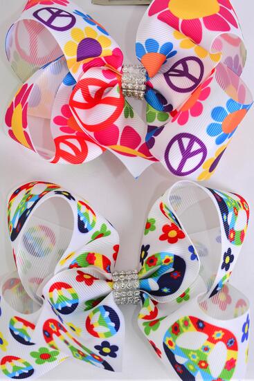 Hair Bow Jumbo Flower Power Peace Sign Mix Grosgrain Bow-tie / 12 pcs Bow = Dozen Alligator Clip , Size - 6" x 5" Wide , 6 Of each Pattern Asst , Clip Strip & UPC Code