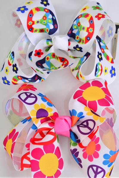 Hair Bow Jumbo Peace Sign Flower Power Pattern Mix Grosgrain Bow-tie / 12 pcs Bow = Dozen Alligator Clip , Size - 6" x 5" Wide , 6 Of each Pattern Asst , Clip Strip & UPC Code