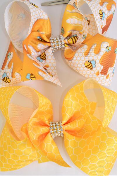 Hair Bow Jumbo Honey Bee Honeycomb Mix Grosgrain Bow-tie / 12 pcs Bow = Dozen Alligator Clip , Size - 6" x 5" Wide , 6 Of each Pattern Asst , Clip Strip & UPC Code