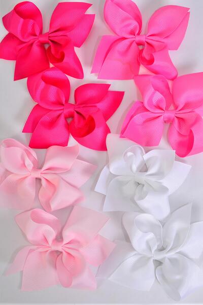 Hair Bow Pink Mix Grosgrain Bow-tie / 12 pcs Bow = Dozen Pink Mix , Alligator Clip , Size - 3.5" x 3" Wide , 3 White , 3 Baby Pink , 3 Hot Pink , 3 Fuchsia Color Asst , Clip Strip & UPC Code