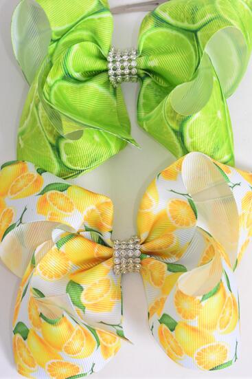 Hair Bow Jumbo Lemon Lime Mix Grosgrain Bow-tie / 12 pcs Bow = Dozen Alligator Clip , Size - 6" x 5" Wide , 6 of each Pattern , Clip Strip & UPC Code